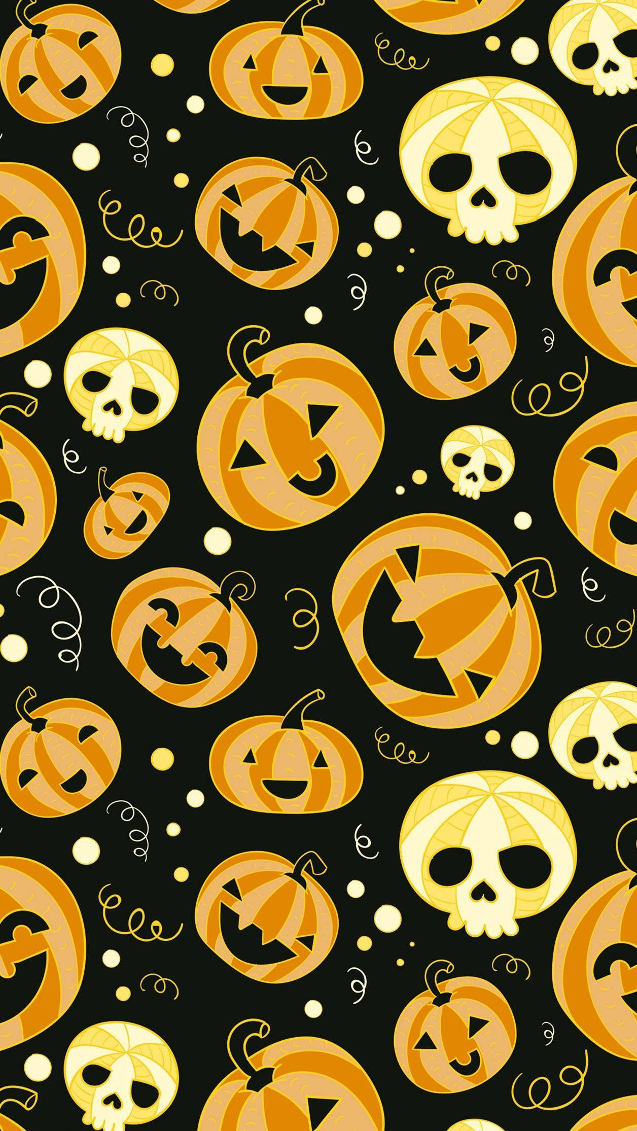 Halloween iPad 桌布 壁紙 — 黑色背景上重複出現的橙色南瓜燈和骷髏圖案，帶有旋轉的藤蔓。