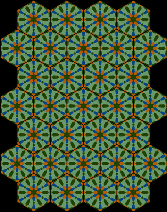 Geometric Shapes 桌布 壁紙 — 黑色背景上重複的六邊形圖案，包含綠色、藍色和橙色的星爆圖案。