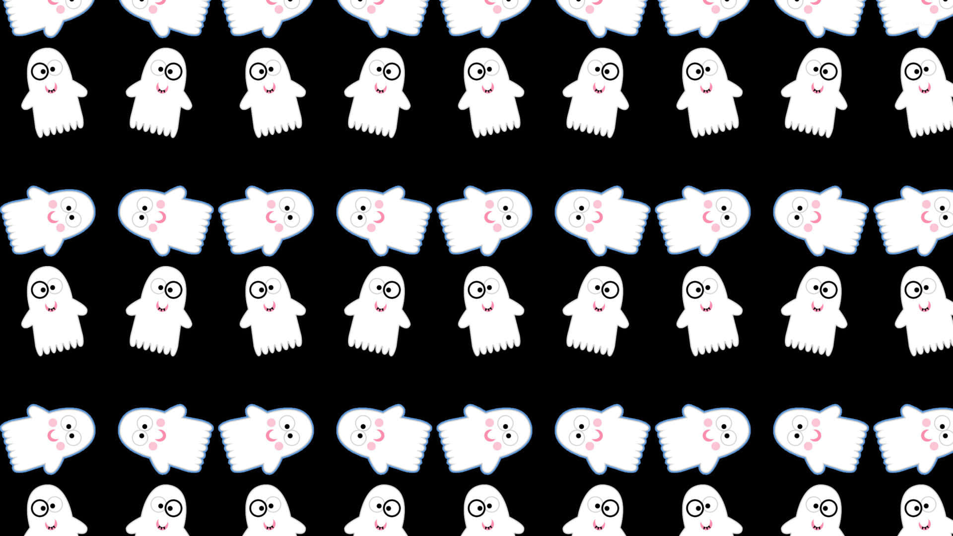 Cute Ghost 桌布 壁紙 — 黑色背景上重複的可愛白色卡通幽靈圖案，有大眼睛和微笑。