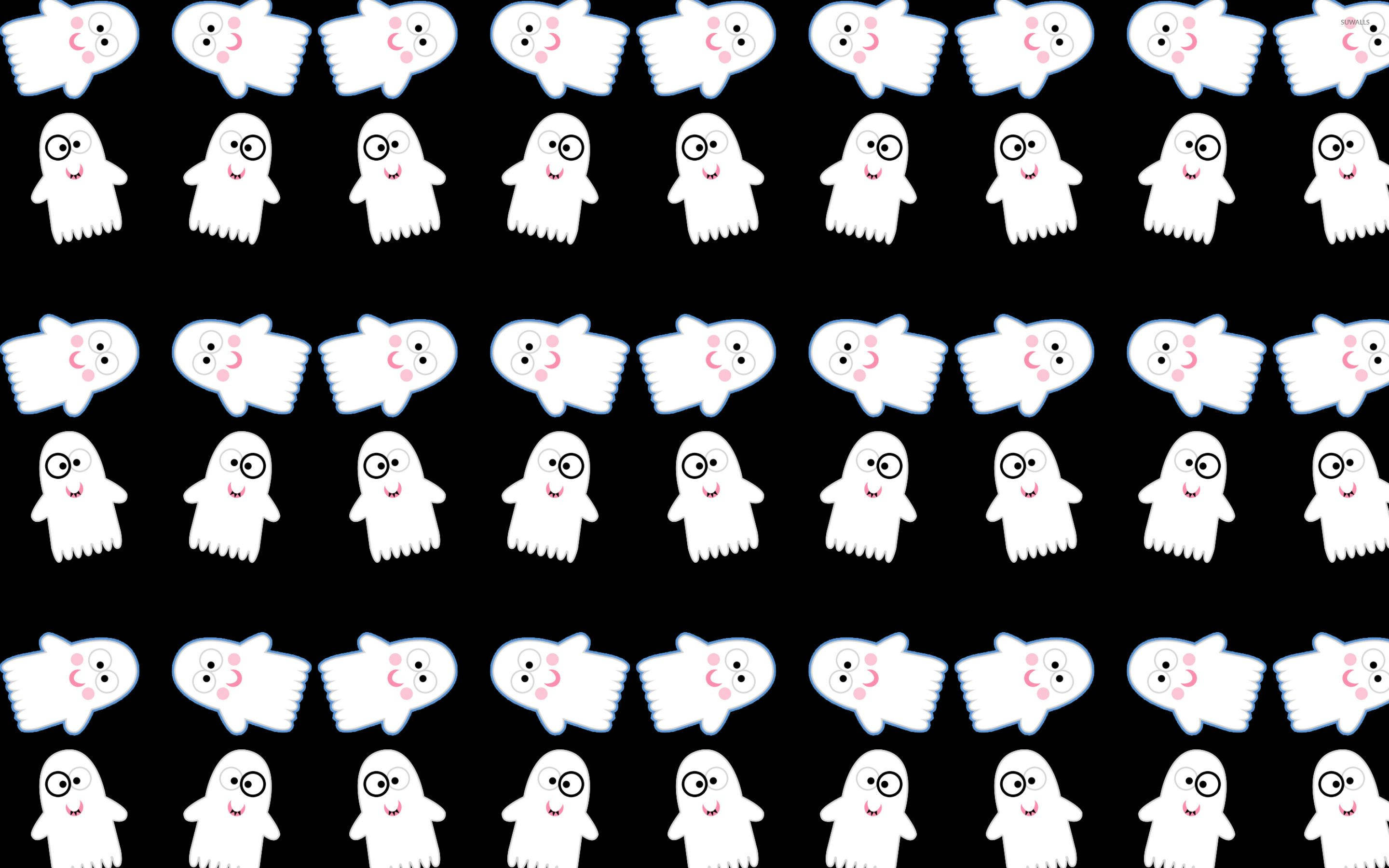 Halloween Computer 桌布 壁紙 — 黑色背景上重複的可愛白色卡通鬼魂圖案，帶有粉紅色的臉頰和微笑的臉。