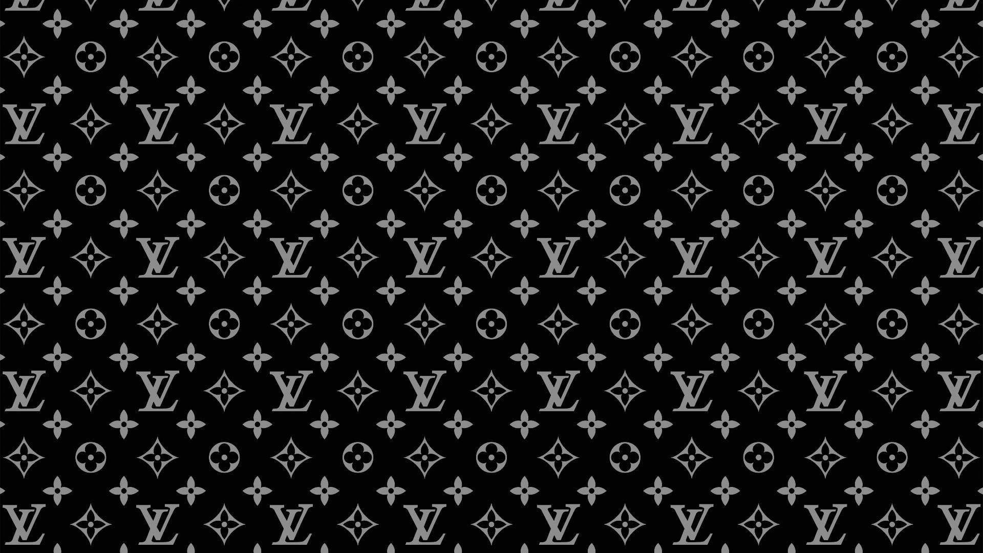 路易威登 桌布 壁紙 — 黑色背景上重複的單色 Louis Vuitton 字母圖案，帶有交錯的 LV 標誌和花卉圖案。