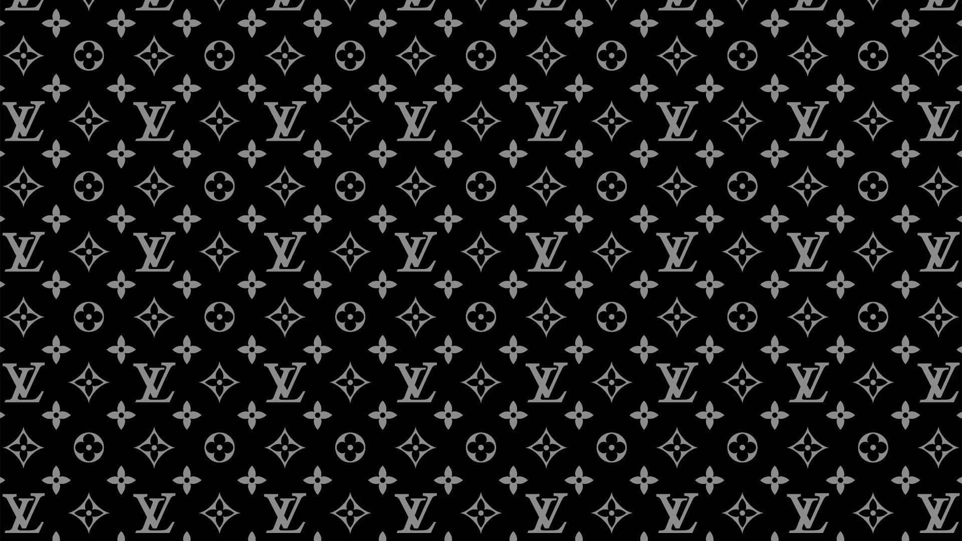 桌布 壁紙 — 黑色背景上重複的單色Louis Vuitton字母組合圖案，帶有交錯的LV標誌和花卉圖案。