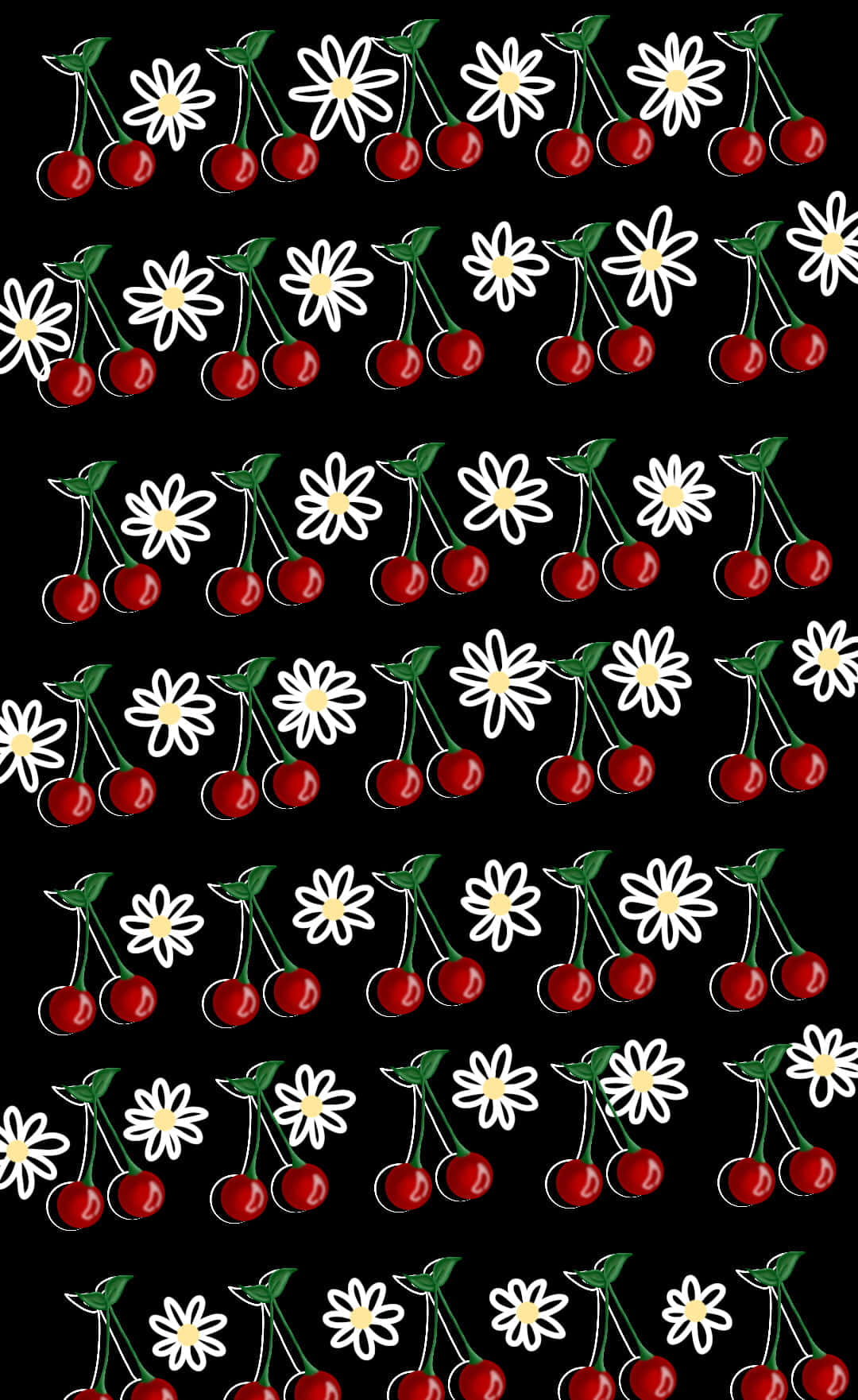 Cherry Aesthetic 桌布 壁紙 — 黑色背景上重複的紅櫻桃和白雛菊圖案。