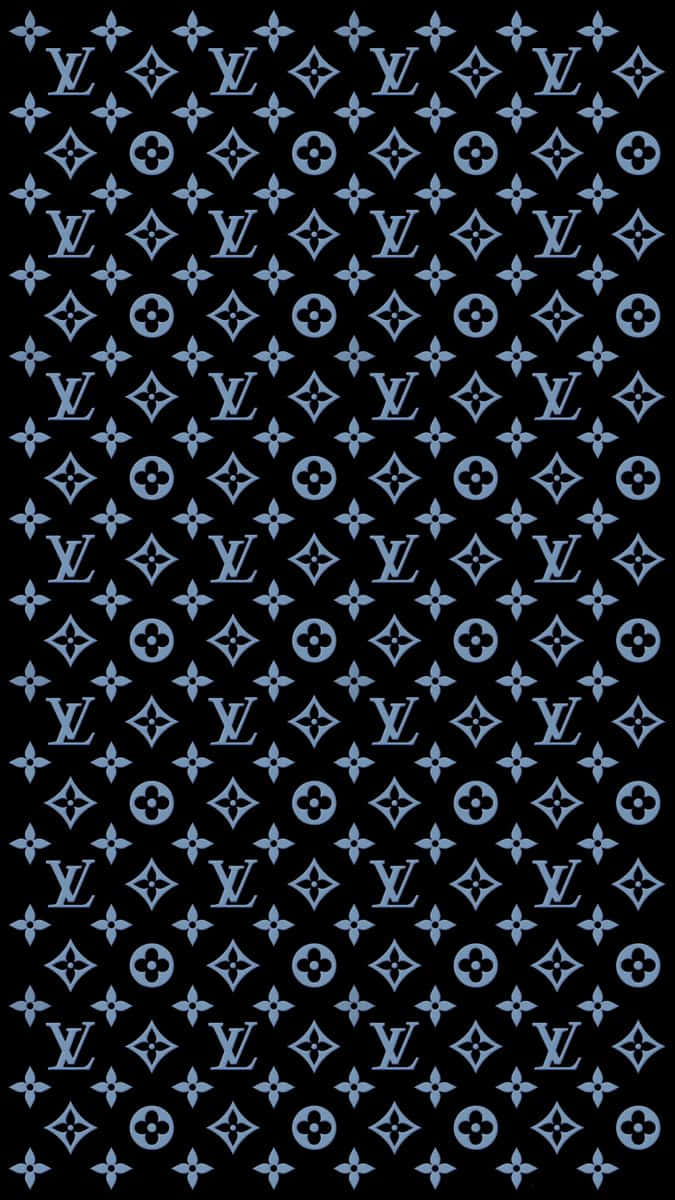 Louis Vuitton Pattern 桌布 壁紙 — 黑色背景上重複的藍色 Louis Vuitton 標誌和花卉圖案組合的字母組合圖案。