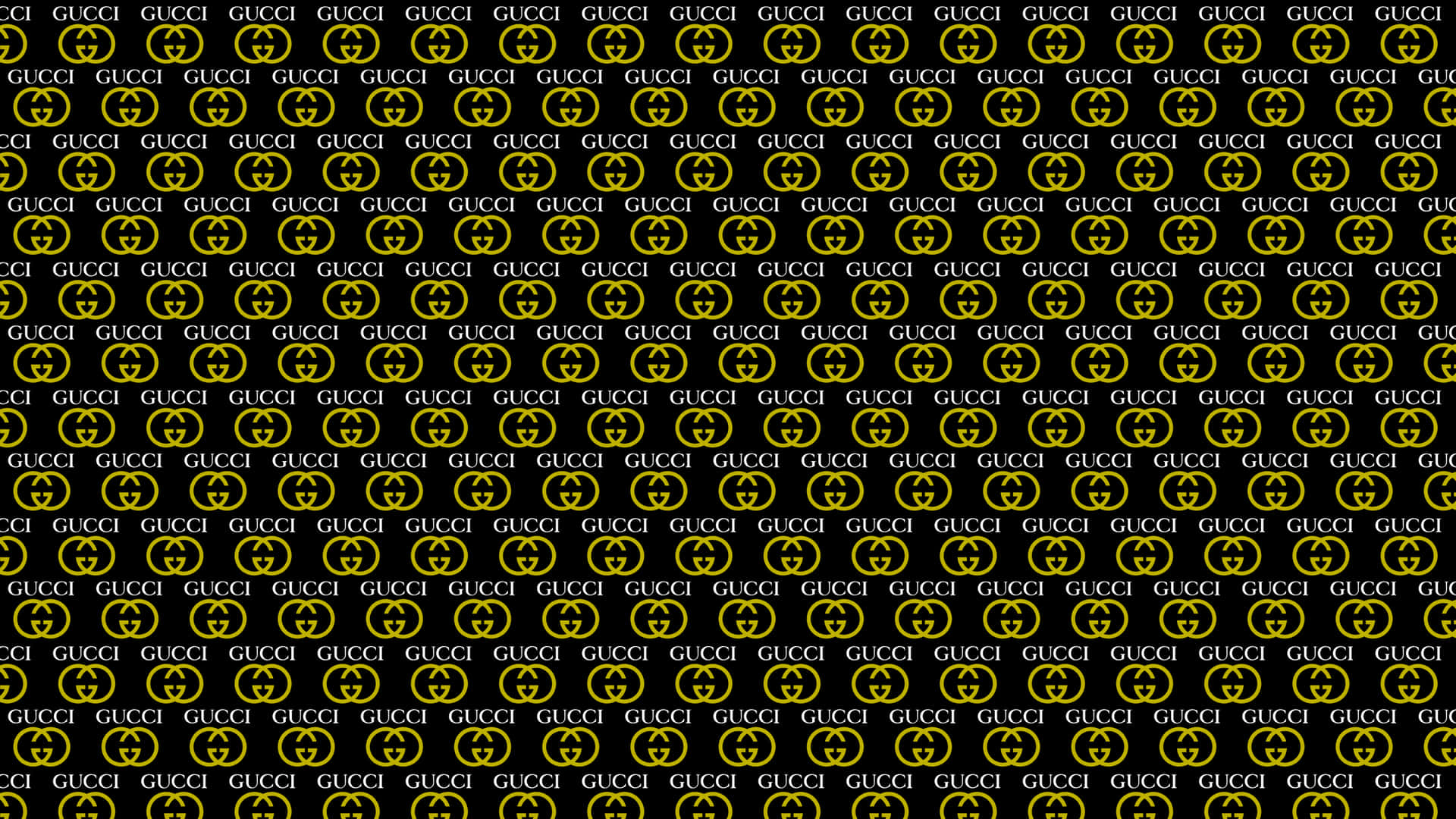 Gucci 桌布 壁紙 — 黑色背景上重複的金色 Gucci 標誌圖案，營造出奢華大膽的視覺質感。