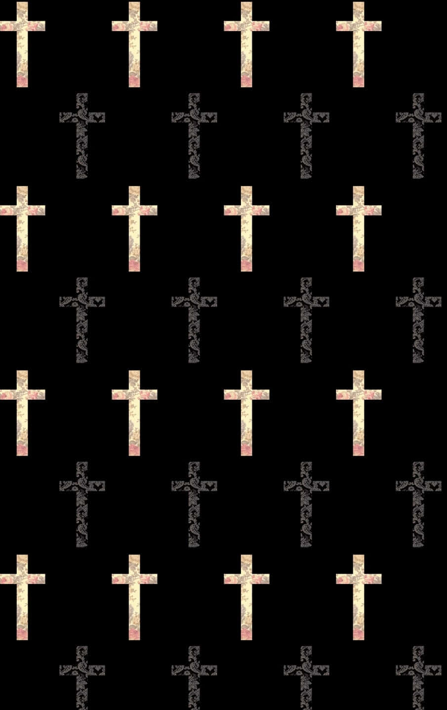 Cross Phone 桌布 壁紙 — 黑色背景上重複的金色和灰色華麗十字架圖案。