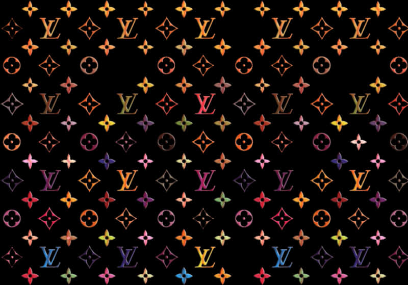 Logos 桌布 壁紙 — 黑色背景上重複覆蓋著色彩繽紛的漸變色路易威登字母組合標誌。