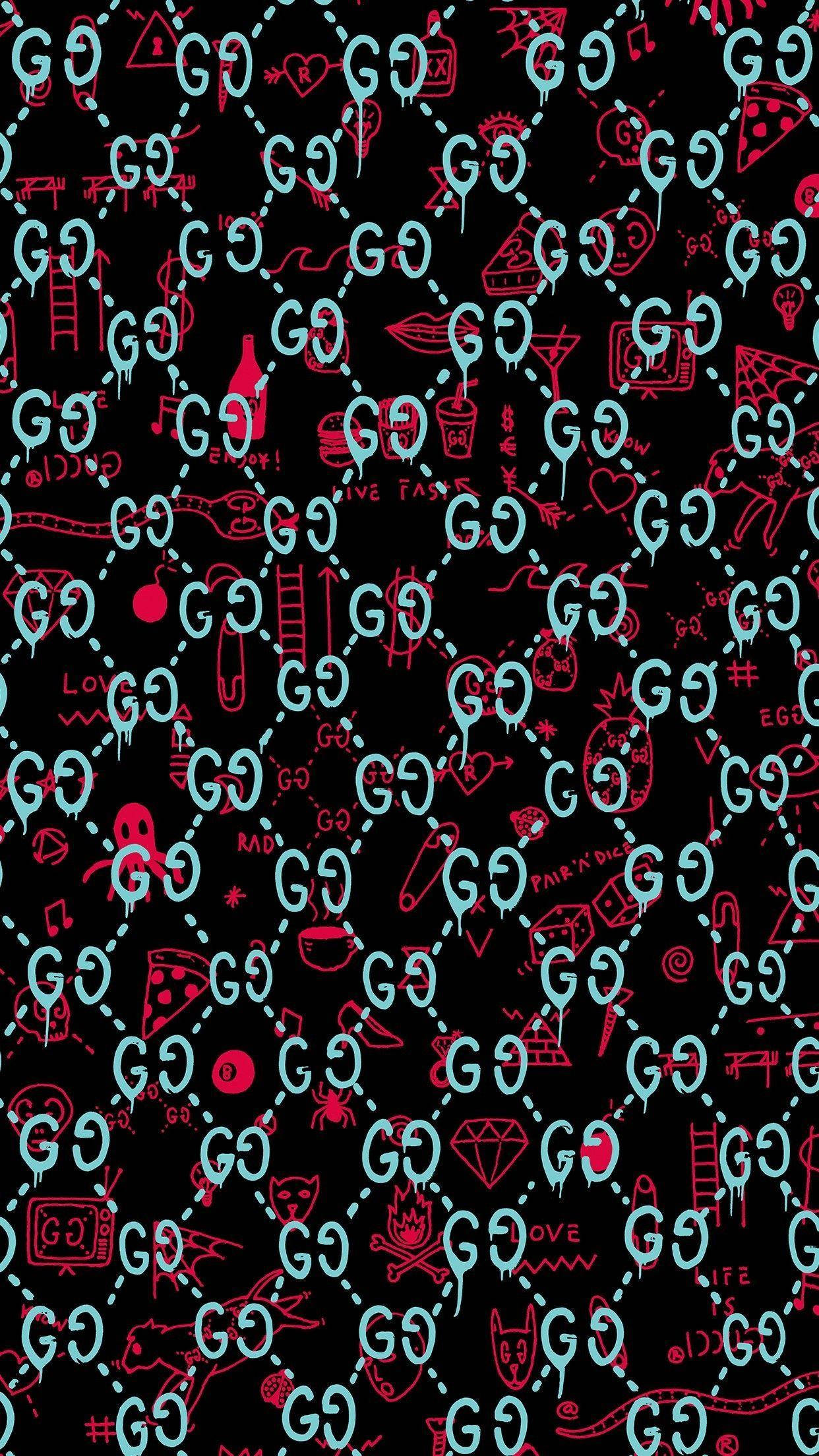 Gucci iPhone 桌布 壁紙 — 黑色背景上重複覆蓋著青色和粉紅色的塗鴉風格 'GG' 標誌和圖標，例如披薩心形和鑽石。