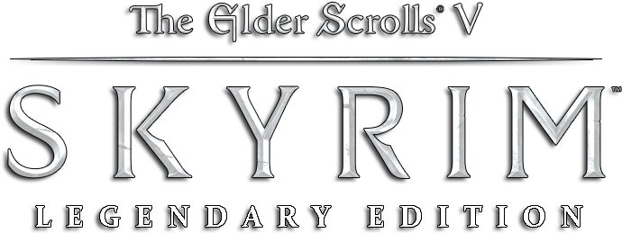 Skyrim Logo 桌布 壁紙 — 黑色背景上金屬銀色文字的The Elder Scrolls V Skyrim Legendary Edition標誌。