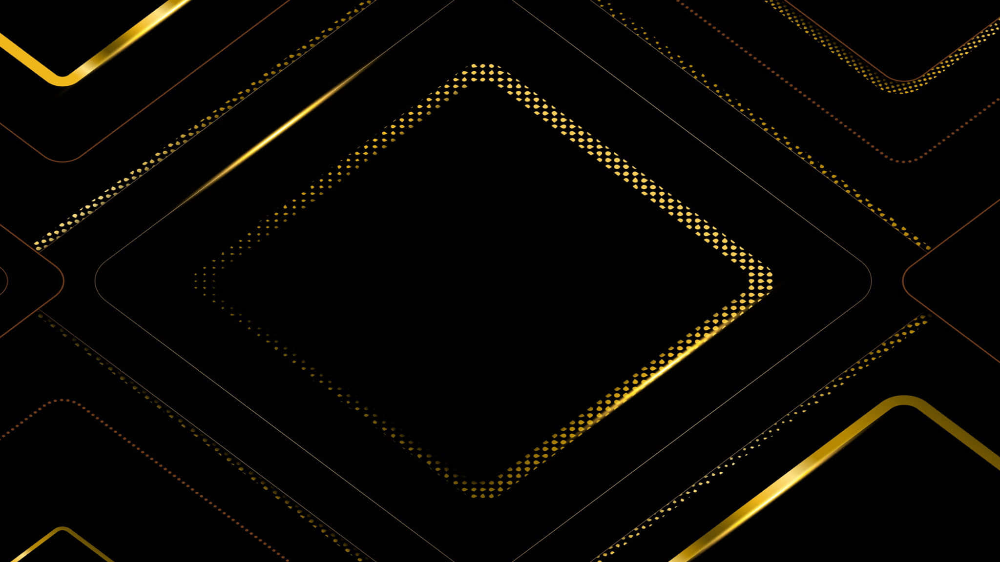 2048x1152 桌布 壁紙 — 黑色背景上金色線條和點形成嵌套鑽石形狀的優雅幾何圖案。