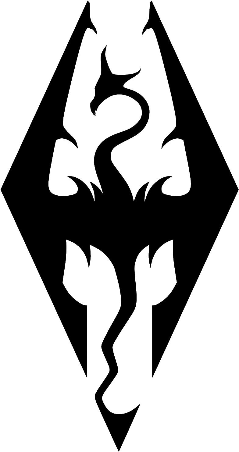 Skyrim Logo 桌布 壁紙 — 黑色背景上鑽石形狀內的簡約白色線條繪畫，描繪風格化的龍與火焰。