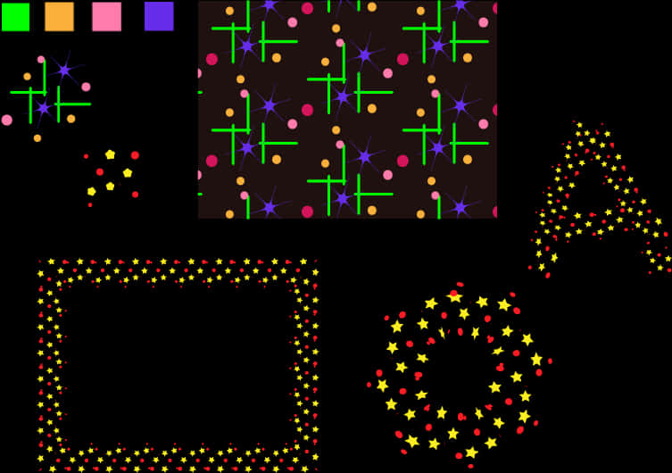 Textures 桌布 壁紙 — 黑色背景上霓虹色發光星星和十字架的鮮豔幾何圖案。