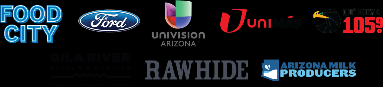 Ford Logo 桌布 壁紙 — 黑色背景上顯示Food City、Ford、Univision、Rawhide、Arizona Milk Producers及其他品牌的發光標誌，顏色和字體各異。