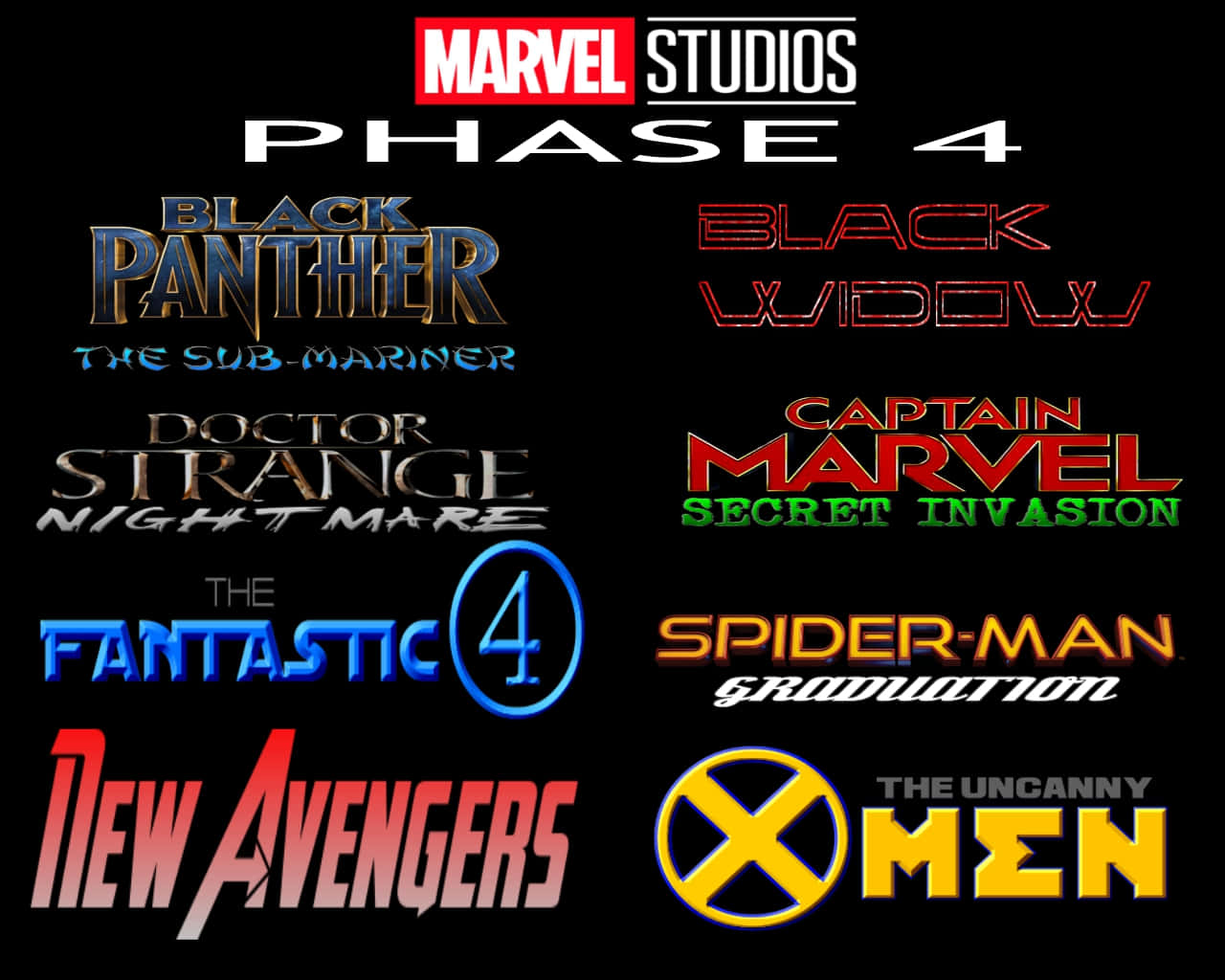 Mcu Phase Four 桌布 壁紙 — 黑色背景上顯示Marvel Studios第四階段的發光電影標誌，包括黑豹、黑寡婦、驚奇隊長、蜘蛛人和X戰警。