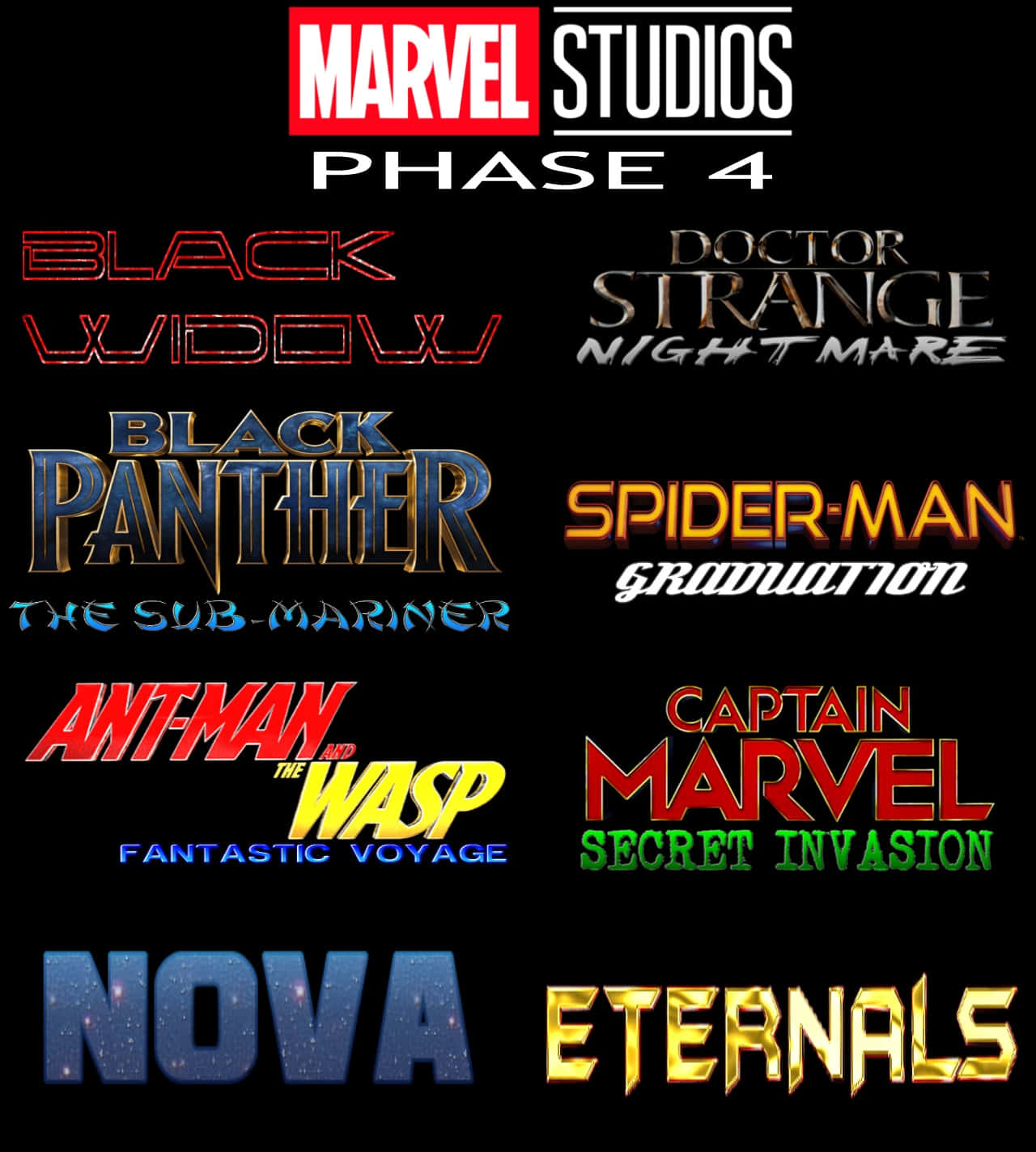 Mcu Phase Four 桌布 壁紙 — 黑色背景上顯示Marvel Studios Phase 4的發光電影標題，採用多種字體和顏色。