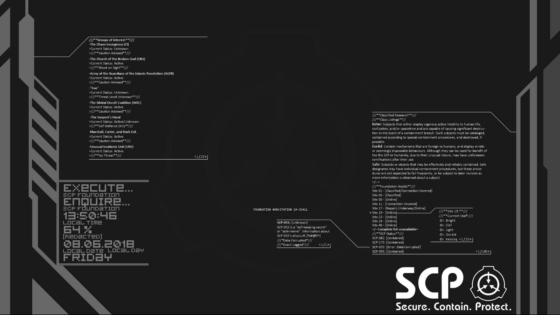 SCP 桌布 壁紙 — 黑色背景上顯示SCP基金會收容協議和執行倒數的黑暗未來風格介面。