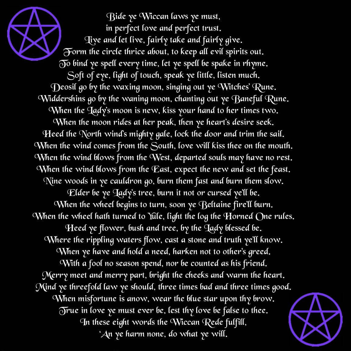 威卡 桌布 壁紙 — 黑色背景上顯示白色文字的Wiccan Rede，角落有紫色五角星。