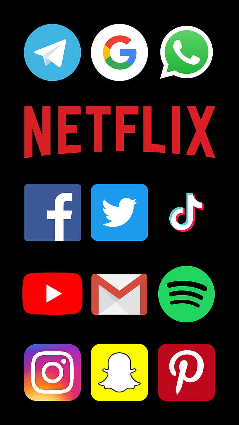 Social 桌布 壁紙 — 黑色背景上顯示色彩繽紛的應用程式圖示，包括 Netflix、Google、WhatsApp、Facebook、Twitter、TikTok、YouTube、Gmail、Spotify、Instagram、Snapchat 和 Pinterest。