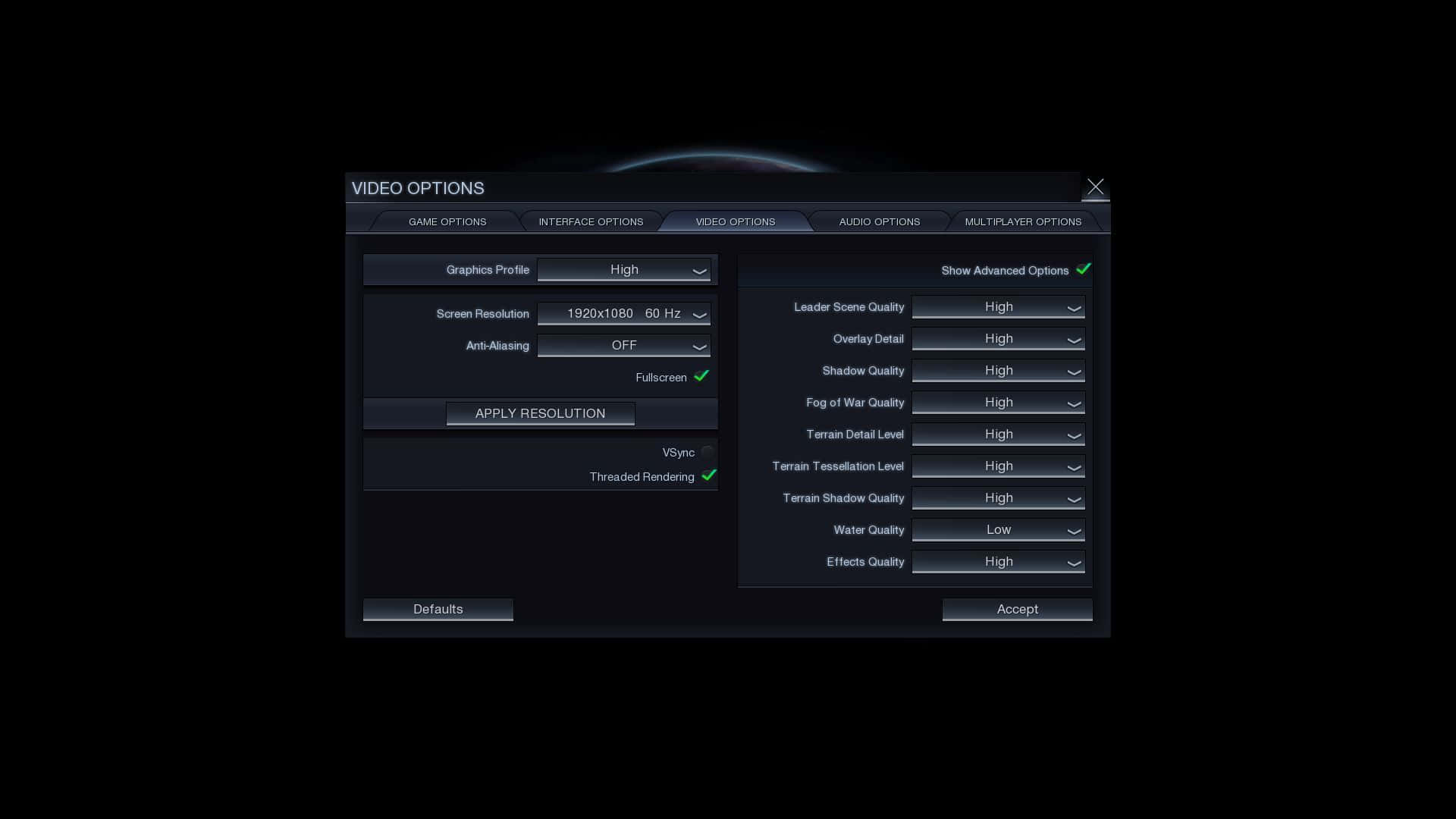 Civilization Beyond Earth 桌布 壁紙 — 黑色背景上顯示高影片選項的深色遊戲設定選單。
