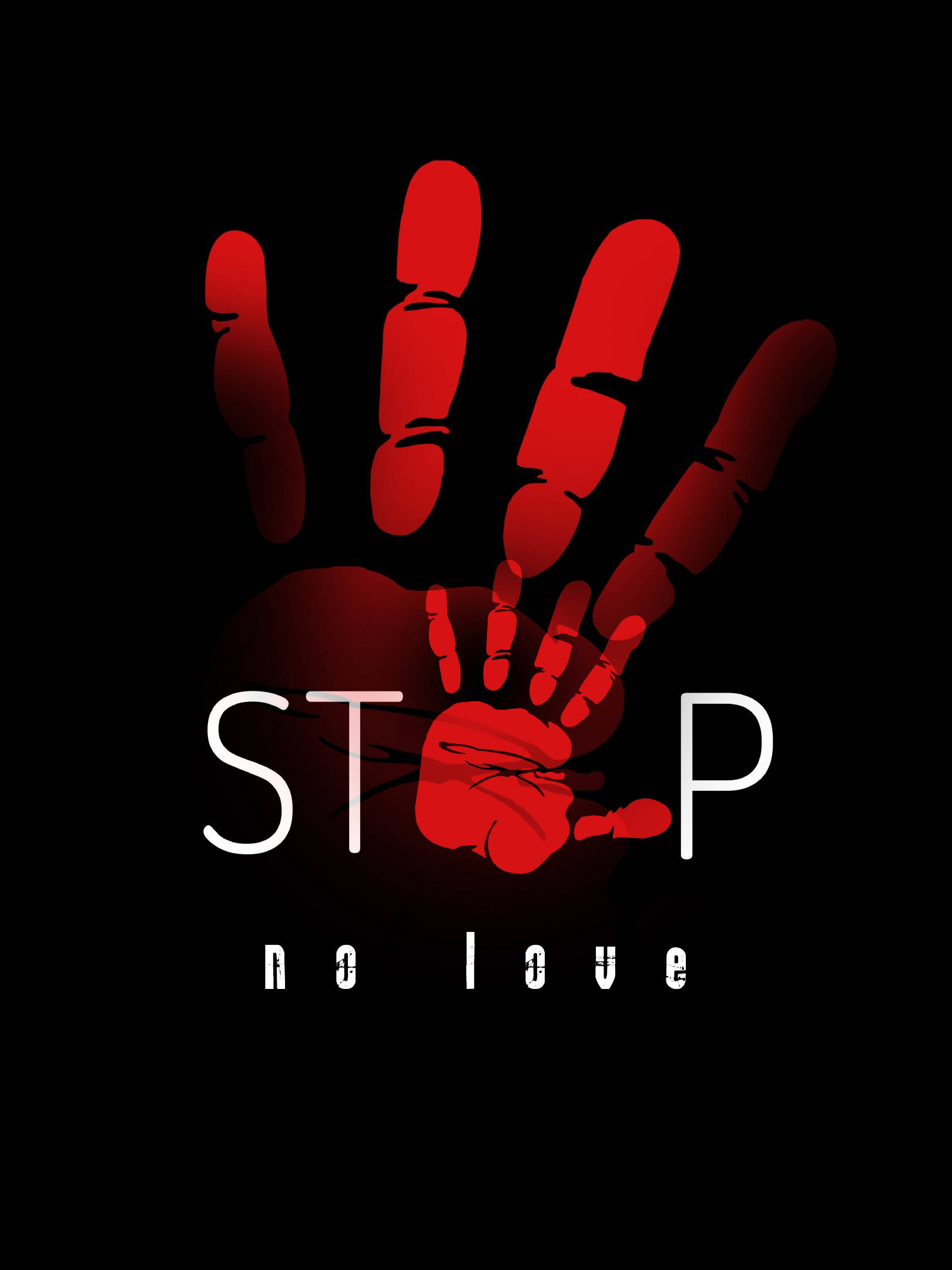 愛心 桌布 壁紙 — 黑色背景上鮮明的紅色手印，帶有白色文字寫著 stop no love。