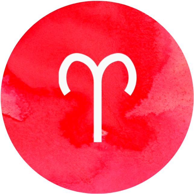 aries 桌布 壁紙 — 黑色背景上鮮紅色水彩圓圈中央的白色牡羊座符號。