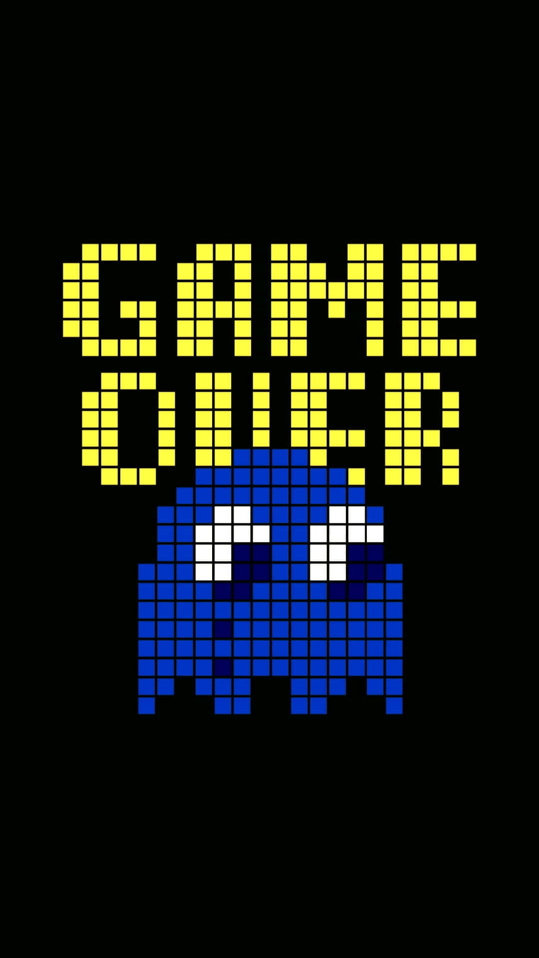 Dark Game Over 桌布 壁紙 — 黑色背景上黃色「GAME OVER」文字下方，帶白色眼睛的像素化藍色鬼魂。