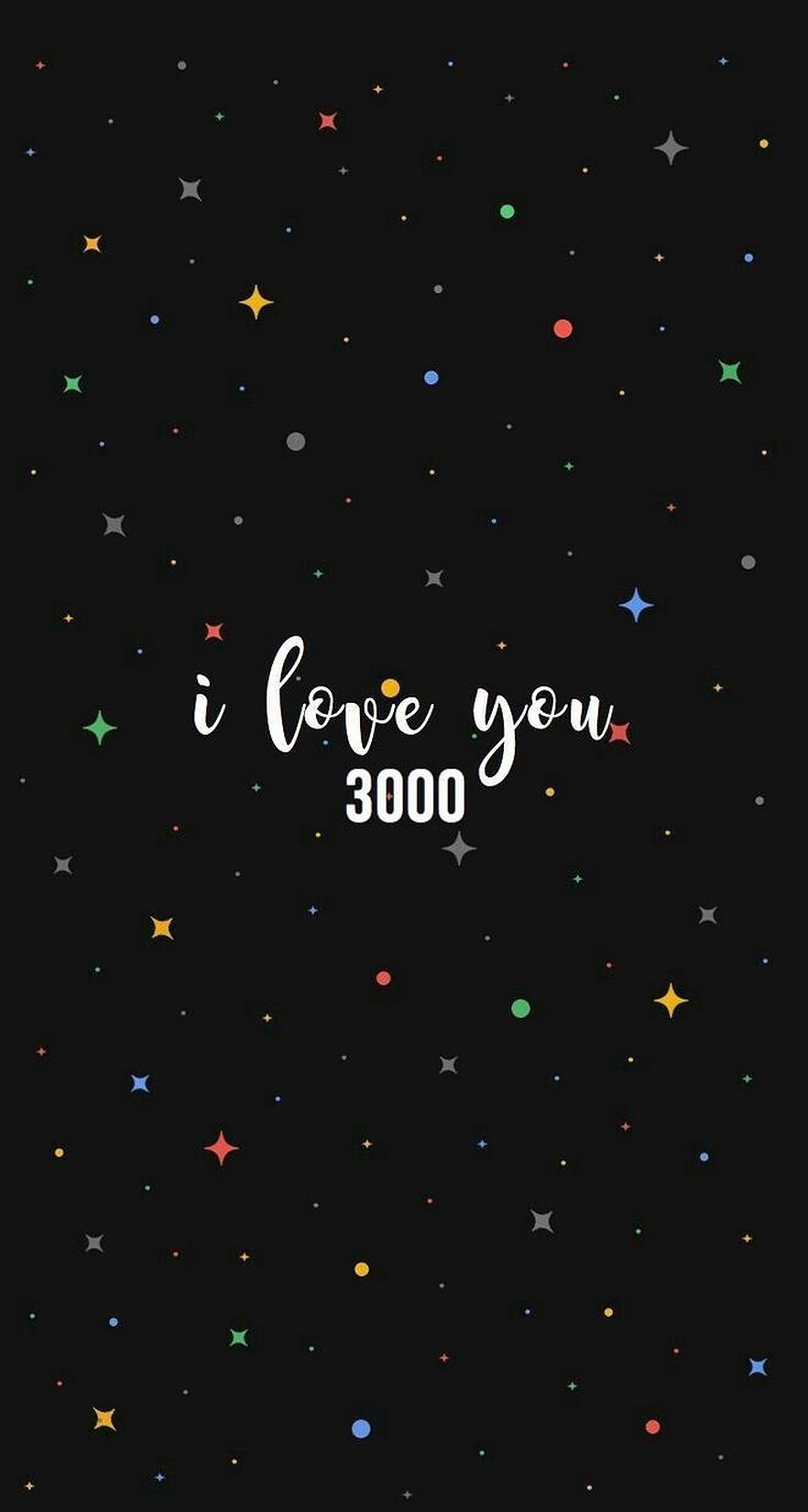 我愛你 桌布 壁紙 — 黑色背景上點綴著彩色星星，並有白色草書的 i love you 3000 字句。