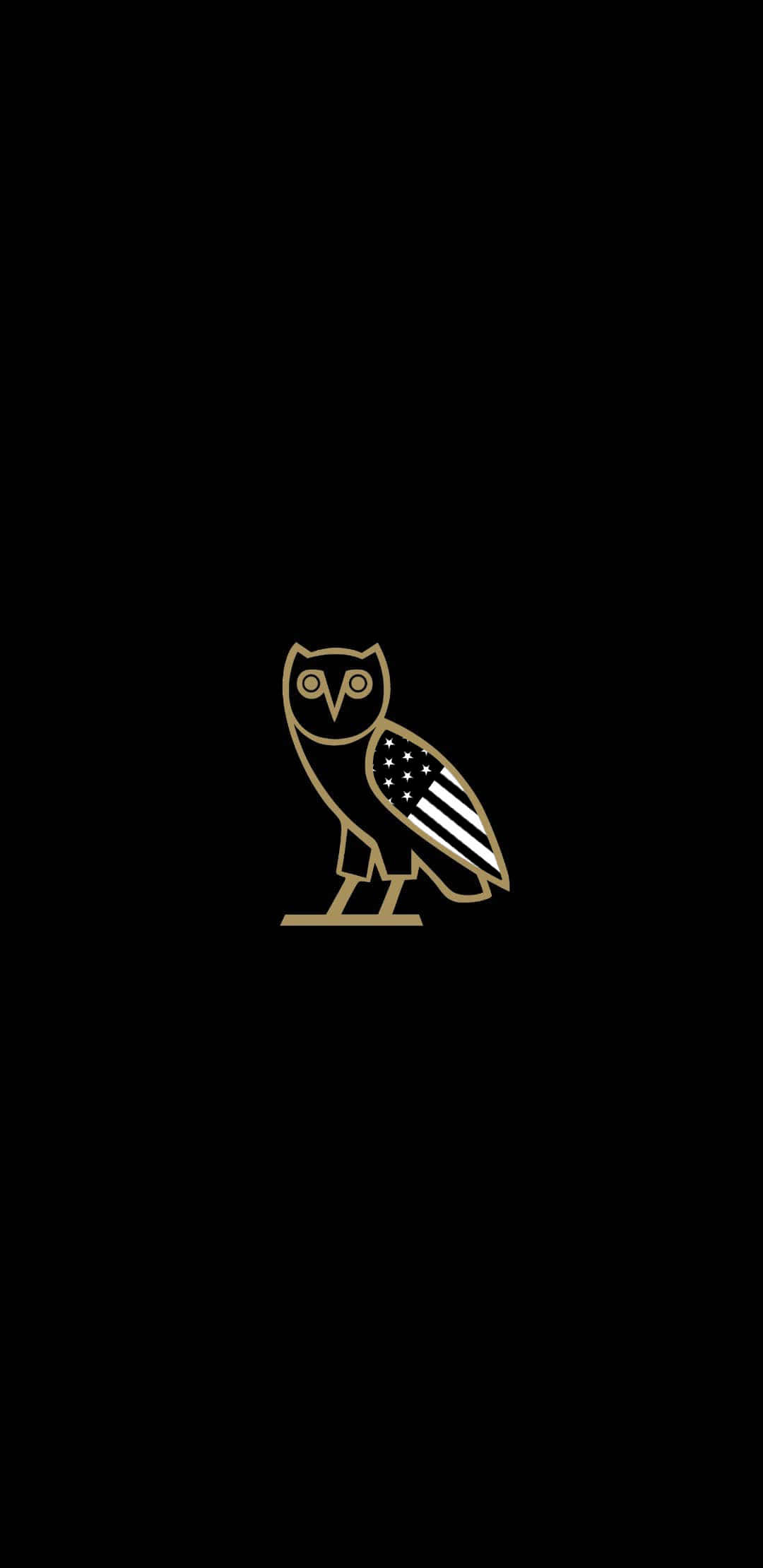 Ovoxo 桌布 壁紙 — 黑色背景中央，一隻帶有美國國旗圖案翅膀的貓頭鷹的極簡金色輪廓。