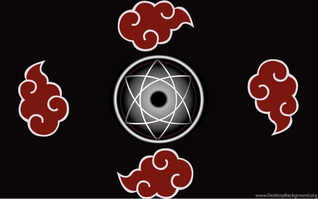 Naruto Eyes 桌布 壁紙 — 黑色背景中央有一個銀邊眼睛，帶有幾何圖案，周圍環繞著四個帶白色輪廓的風格化紅色雲朵。