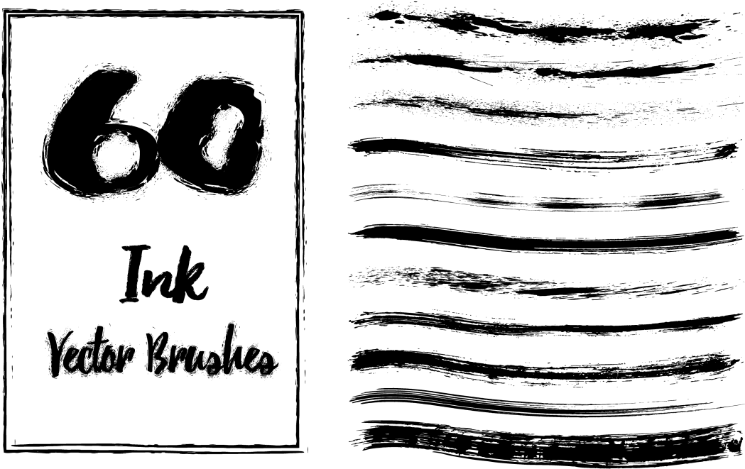 油漬搖滾 桌布 壁紙 — 黑色背景以帶紋理的白色字體顯示「60 Ink Vector Brushes」，旁邊有樣本筆觸。