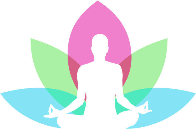 瑜珈 桌布 壁紙 — 黑色背景前，一個以蓮花坐姿冥想的人的剪影，周圍環繞著色彩繽紛的風格化蓮花。