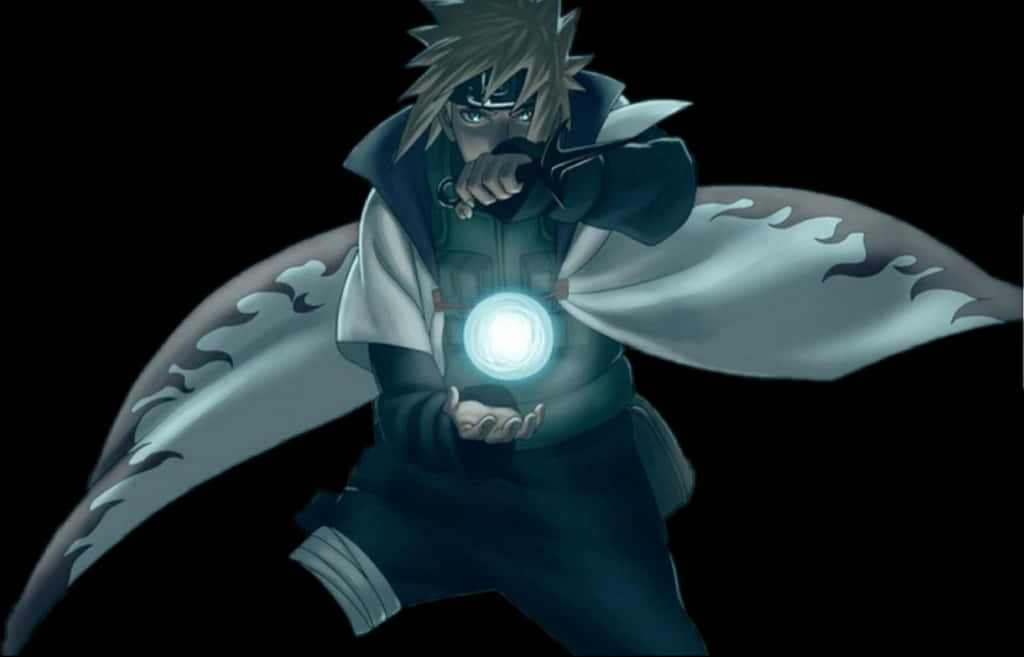 minato namikaze 桌布 壁紙 — 黑色背景前，一個擁有尖刺金髮和黑色斗篷的動漫角色以動態姿勢釋放發光的藍色查克拉。