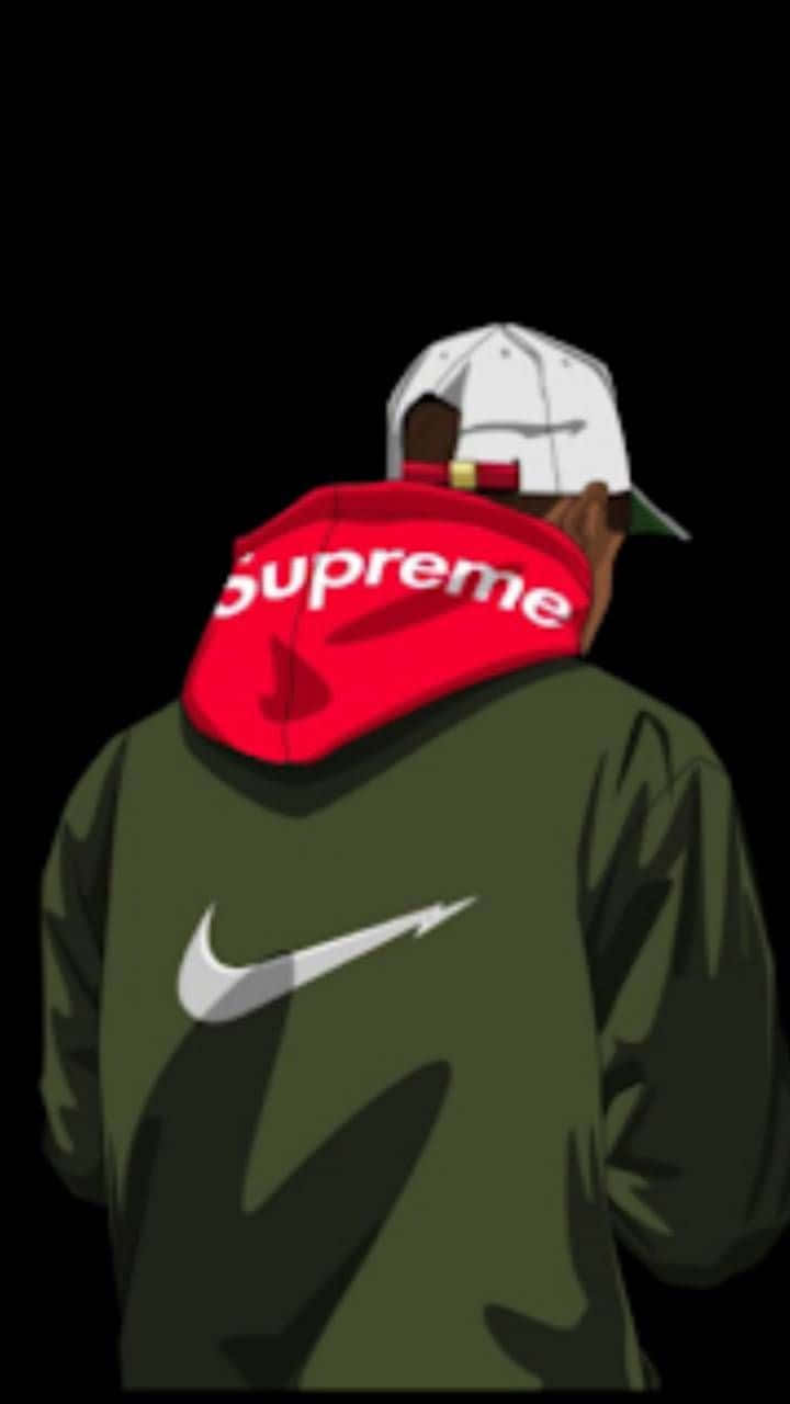 桌布 壁紙 — 黑色背景前，一名身穿綠色連帽衫、帶有白色Nike標誌和紅色Supreme帽子的背影。