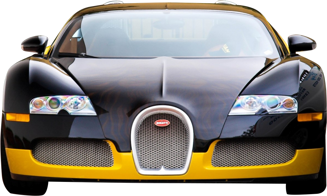 布加迪 桌布 壁紙 — 黑色背景前，一輛黑黃色Bugatti超級跑車的前視圖，帶有鍍鉻格柵和發光車頭燈。