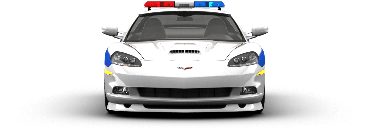 Vehicle 桌布 壁紙 — 黑色背景前，白色警用Corvette的正面視圖，帶有紅藍燈光和藍黃條紋。