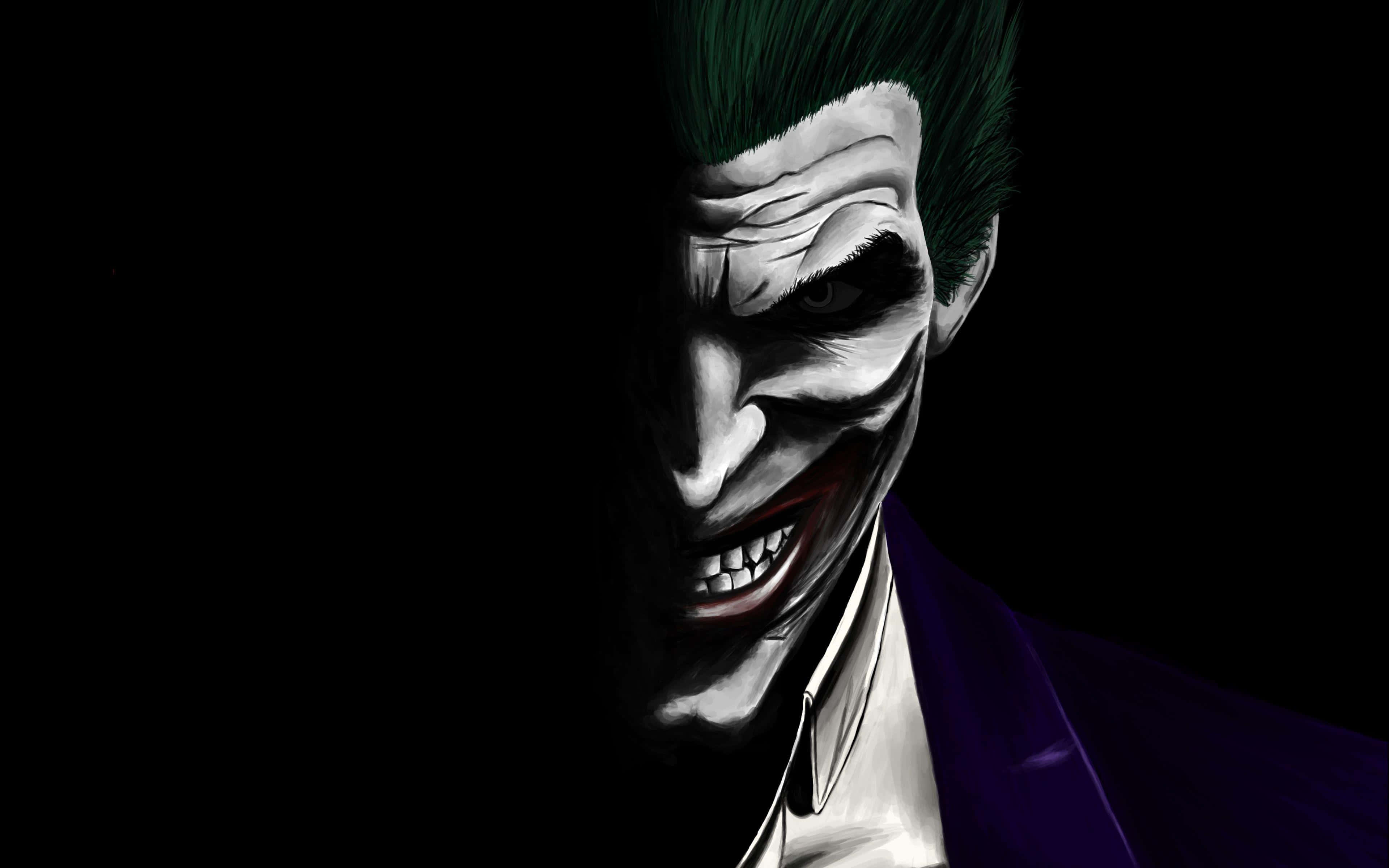 Villain 桌布 壁紙 — 黑色背景前，綠髮紫西裝的小丑令人畏懼的特寫。