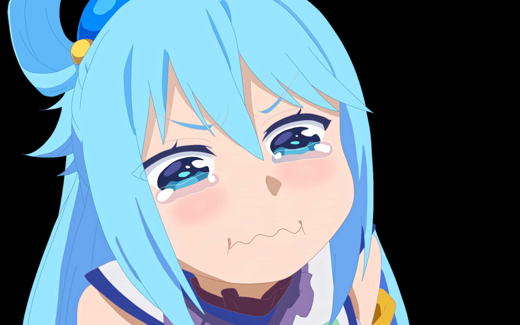 Konosuba 桌布 壁紙 — 黑色背景前，藍髮動漫女孩的特寫，淚眼汪汪，表情嘟嘴。