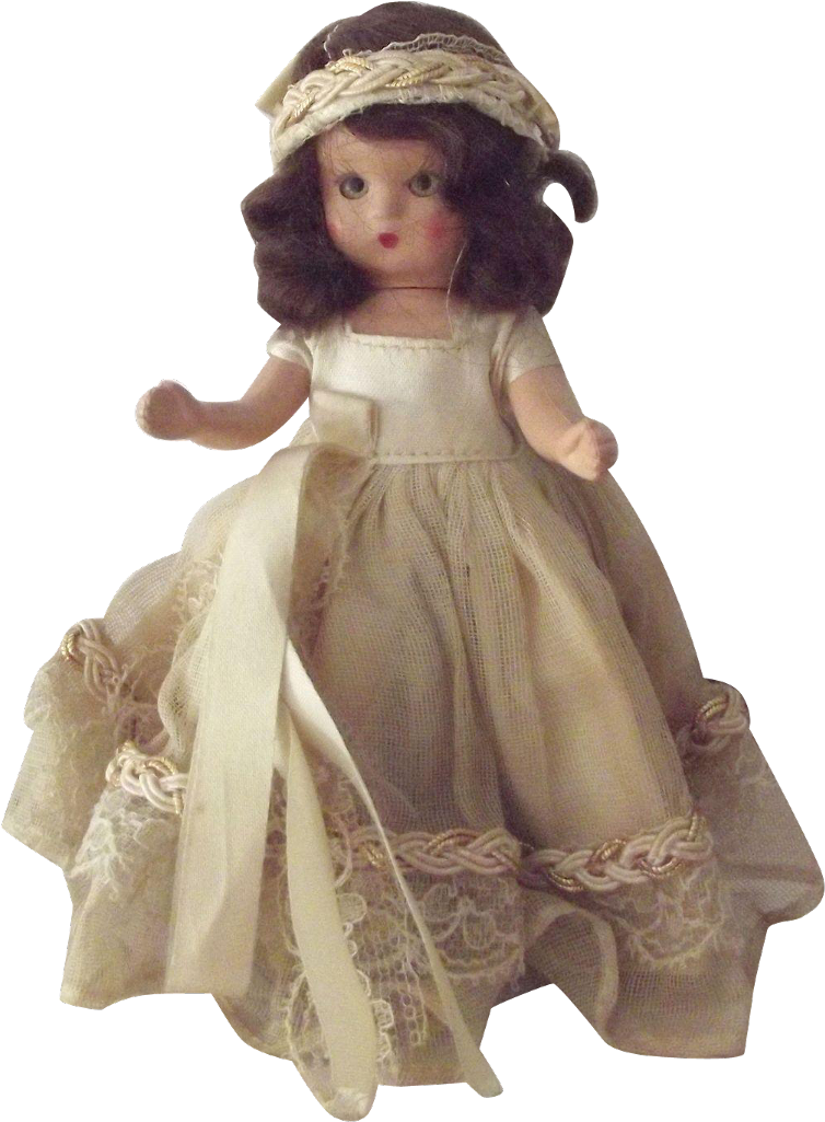 Dolls 桌布 壁紙 — 黑色背景前，身穿帶辮飾邊和相配帽子的奶油色蕾絲長袍的復古瓷娃娃。