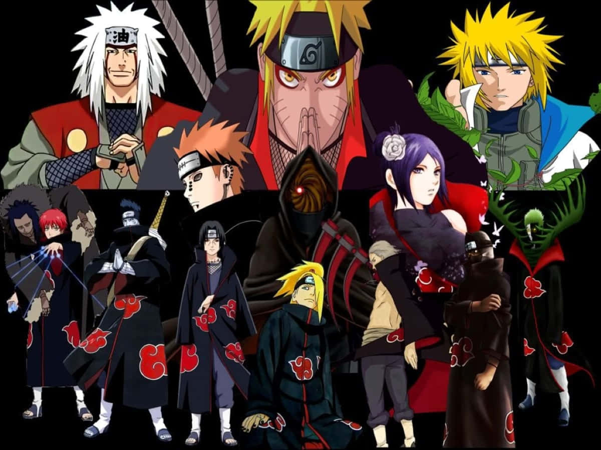 Akatsuki Naruto Shippuden 桌布 壁紙 — 黑色背景前，身穿曉組織斗篷的《火影忍者》動漫角色動態拼貼畫。