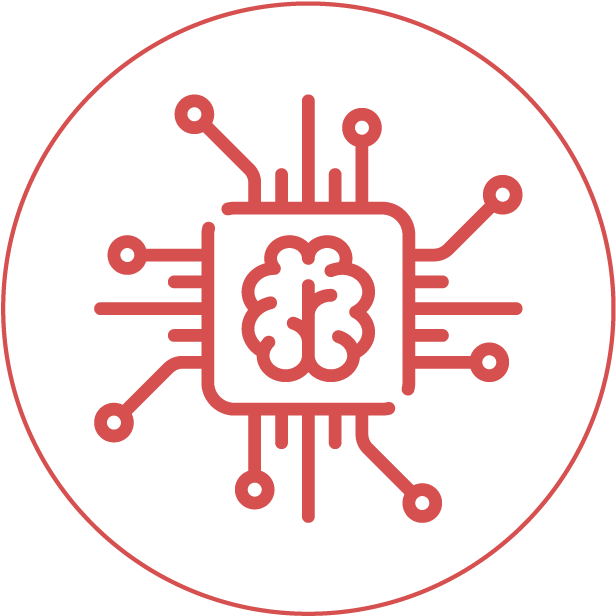 Technology Icon 桌布 壁紙 — 黑色背景圓圈內，一個與電路整合的大腦的極簡紅色線條藝術圖示。