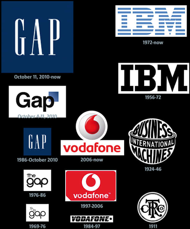 科技動圖 桌布 壁紙 — 黑色背景展示了Gap和Vodafone的多個標誌演變，以及IBM的經典和現代品牌形象。