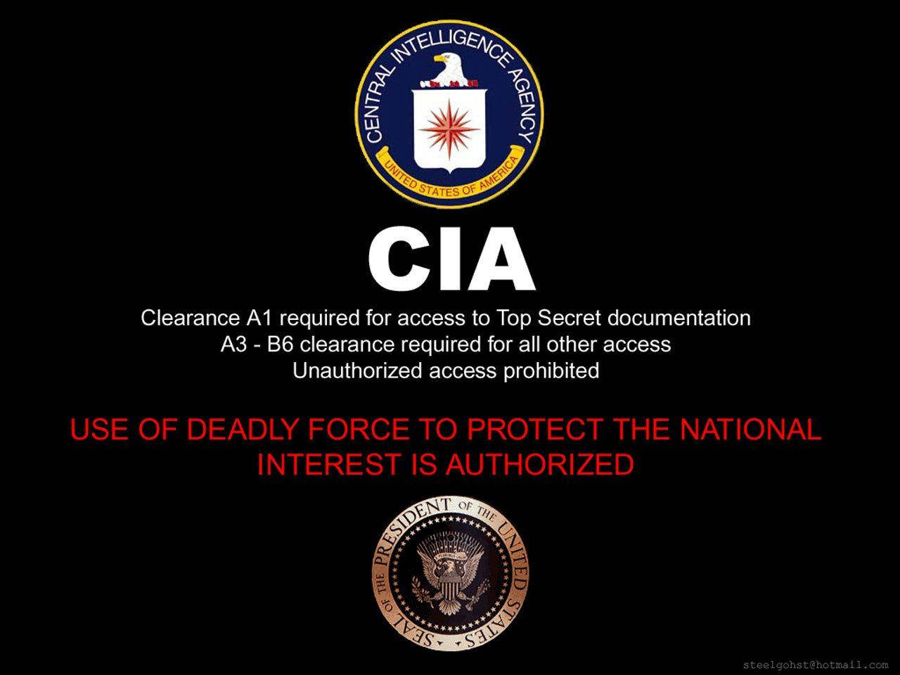 Cia 桌布 壁紙 — 黑色背景顯示CIA徽章、白色文字的安全級別和紅色文字的致命武力授權，下方有總統印章。