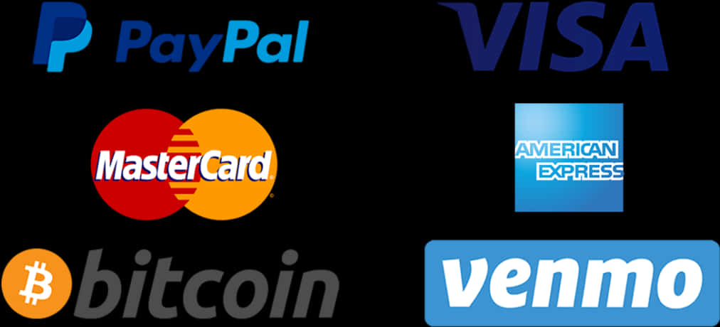 Mastercard Logo 桌布 壁紙 — 黑色背景顯示PayPal、VISA、MasterCard、American Express、Bitcoin、Venmo和Bitcoin的標誌。