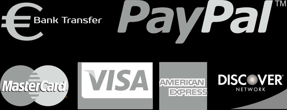 Paypal Logo 桌布 壁紙 — 黑色背景顯示主要付款方式的標誌，包括 PayPal 銀行轉帳 MasterCard Visa American Express 和 Discover Network。