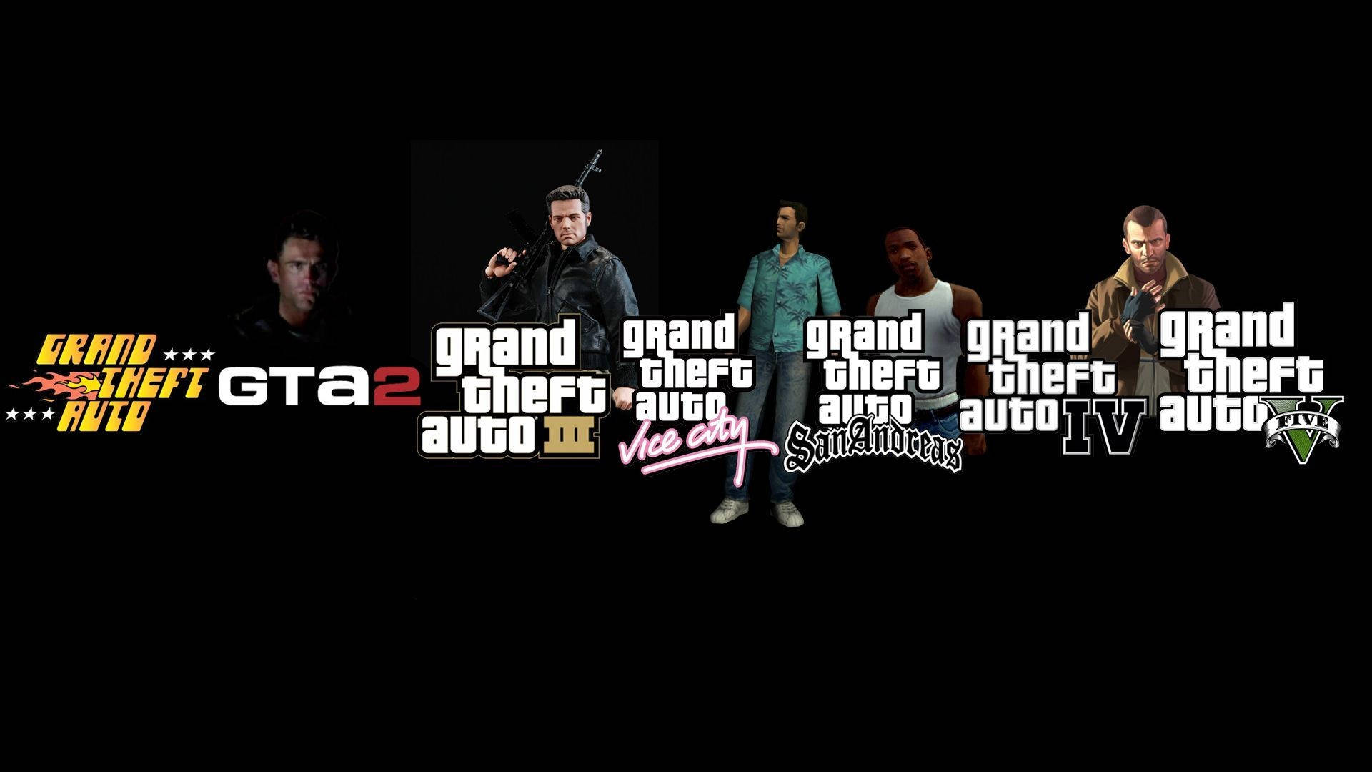 1080p gta 5 桌布 壁紙 — 黑色背景顯示了從 GTA 2 到 GTA V 的標誌性 Grand Theft Auto 遊戲標題和角色藝術。