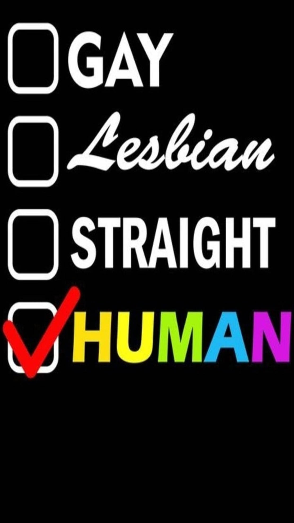 Gay 桌布 壁紙 — 黑色背景顯示同性戀、女同性戀、異性戀的核取方塊，人類以彩虹色勾選。