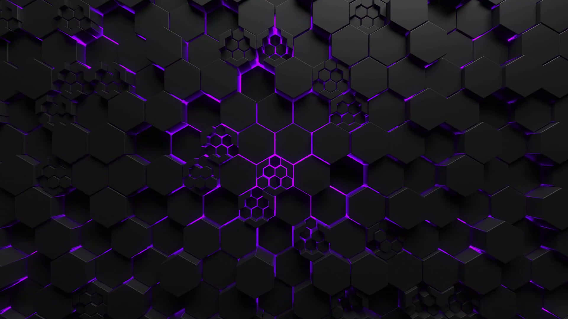 黑色與紫色六邊形背景，帶有紫色燈光 壁紙