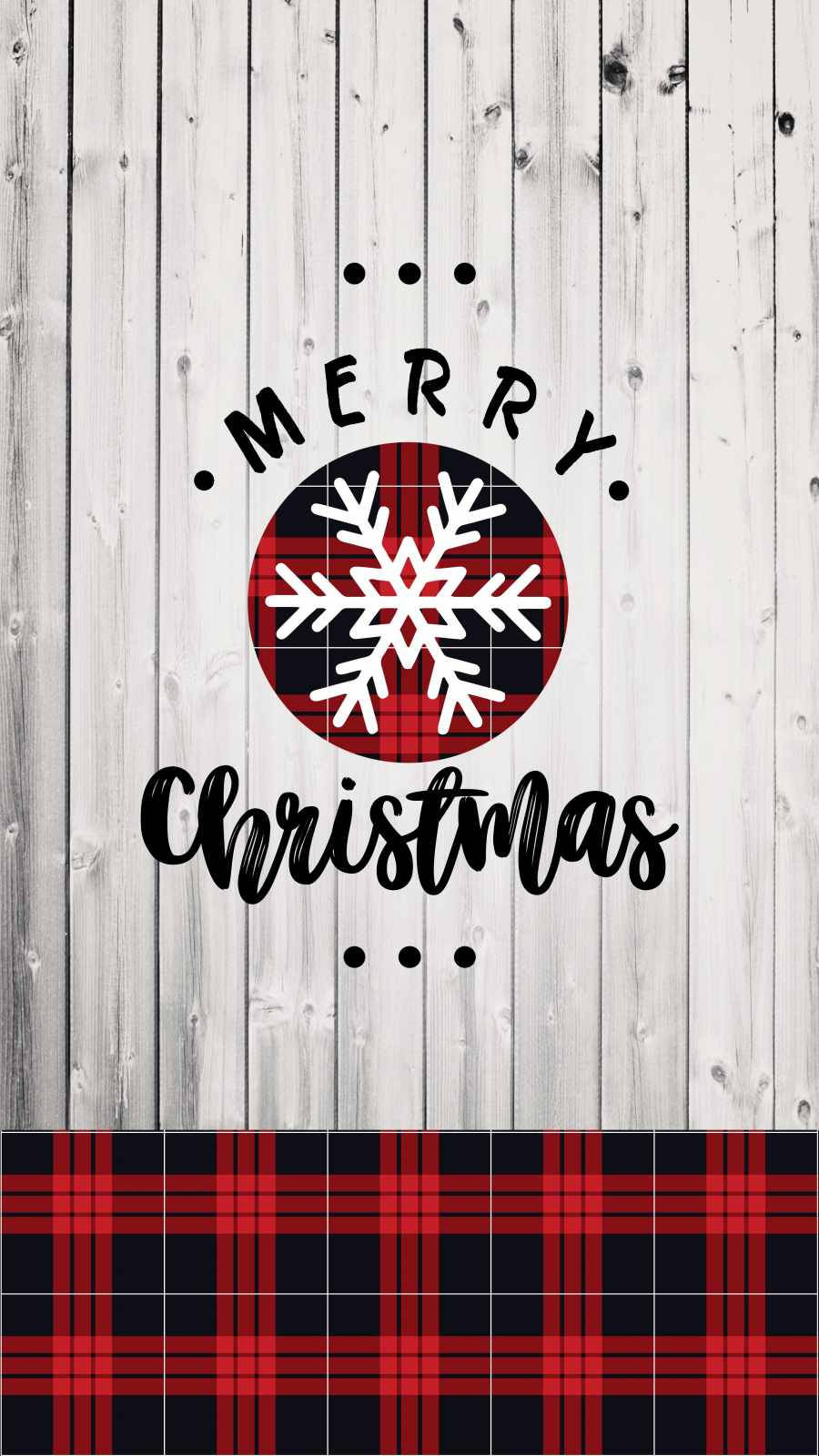 聖誕節 桌布 壁紙 — 黑色草書的「Merry Christmas」文字圍繞著紅色格子圖案上的白色雪花，背景是風化的白色木材，並配有相配的格子邊框。
