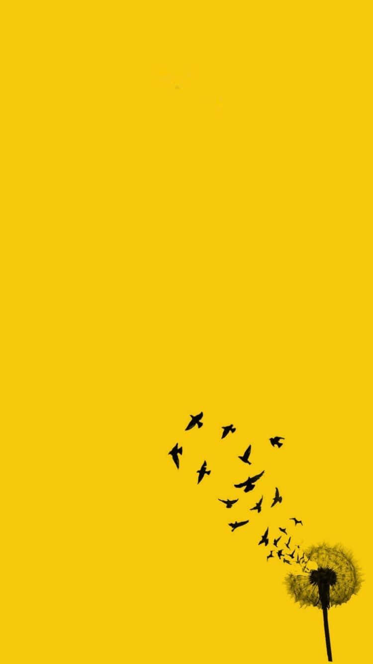 Yellow 桌布 壁紙 — 黑色蒲公英種子頭釋放出種子，種子變成鳥兒，在純黃色背景上向上飛翔。