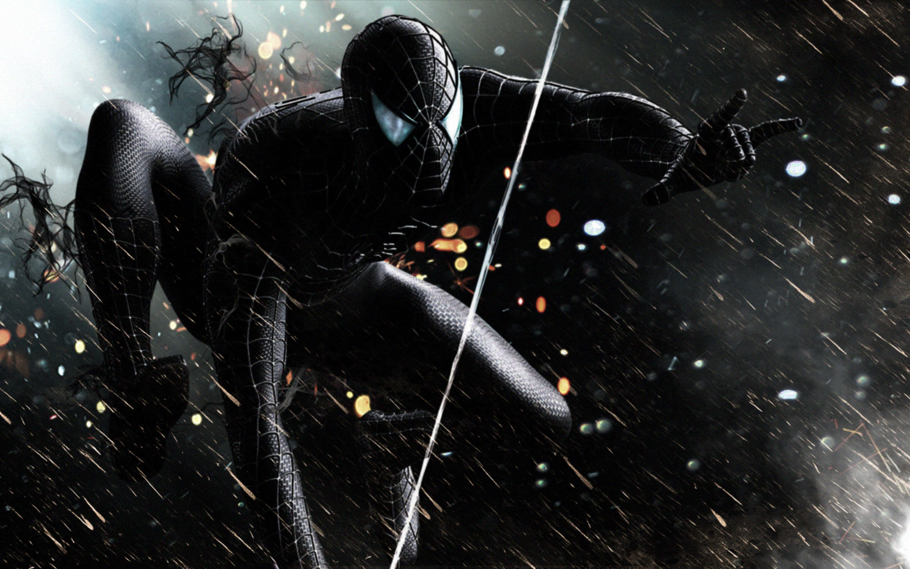 Spider Man 3 桌布 壁紙 — 黑色蜘蛛人在暴風雨的夜空中擺盪，雙眼發光，蜘蛛絲在身後飄揚。